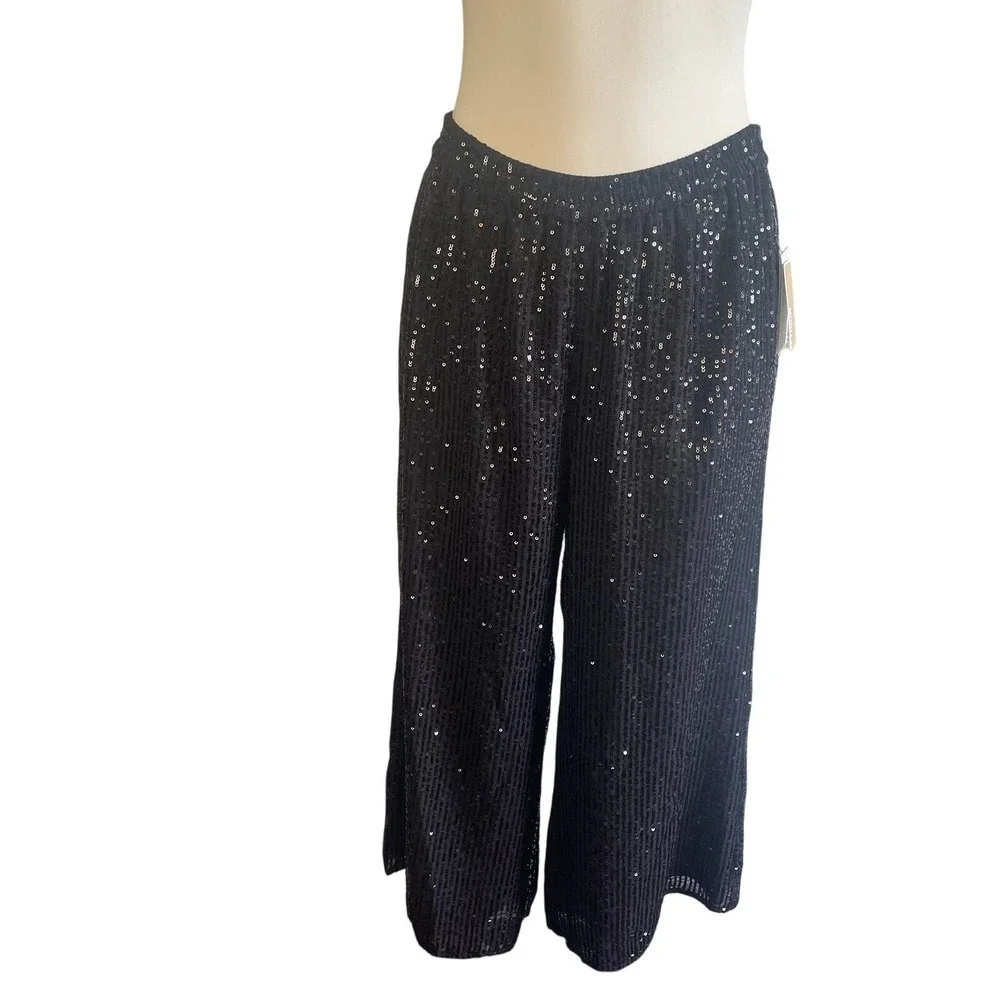 Michael Kors Black Sequin Wide Leg Cropped Pants Women's Size M‎